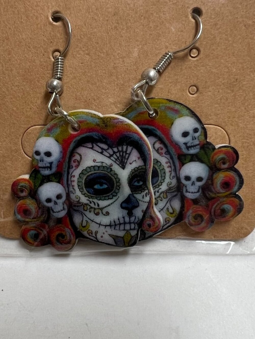 Day of the Dead Sugar Skull Earrings Colorful Skeleton Dangle Drop Jewelry